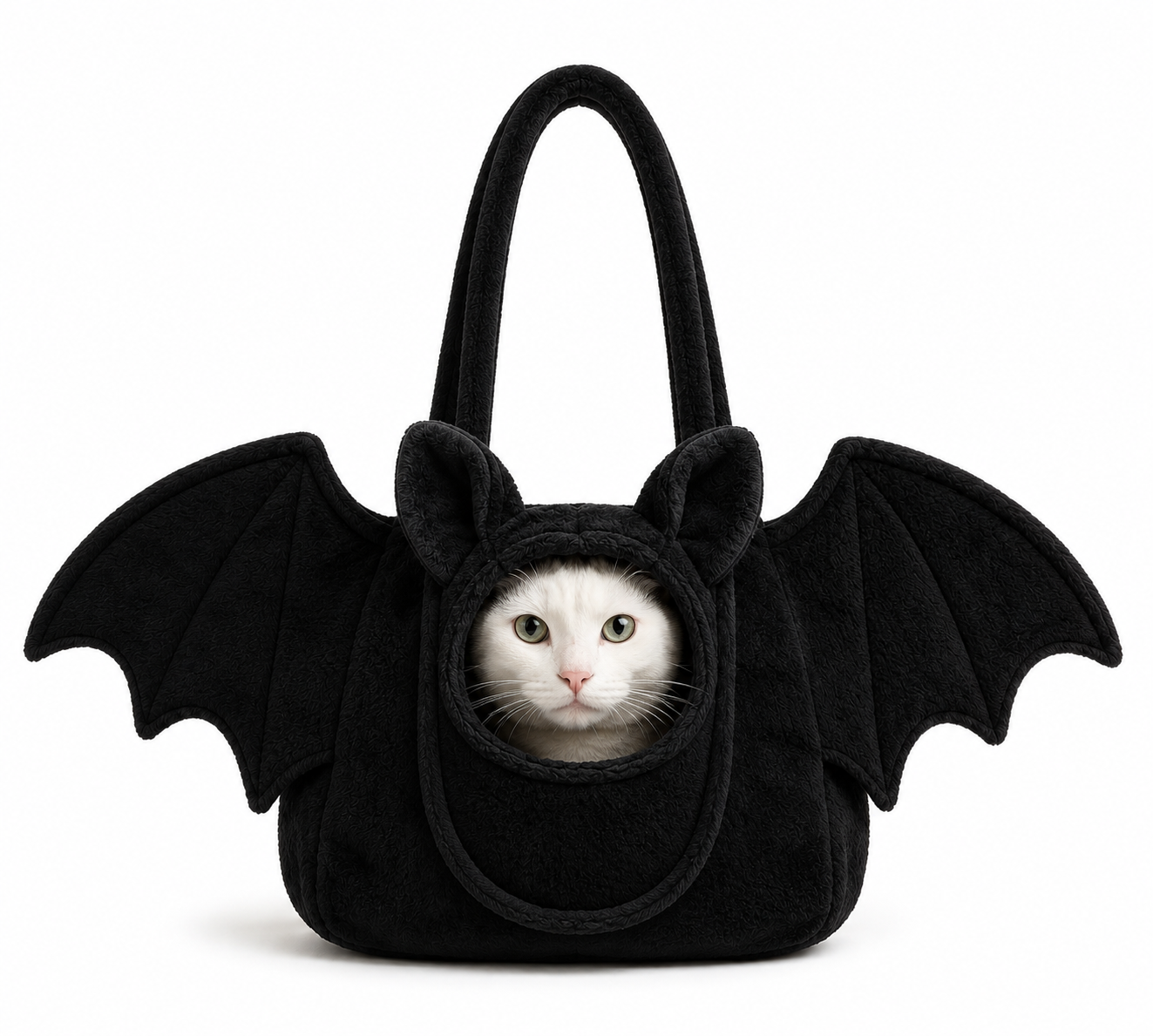 Cat Bag with a white cat looking out of the hood opening