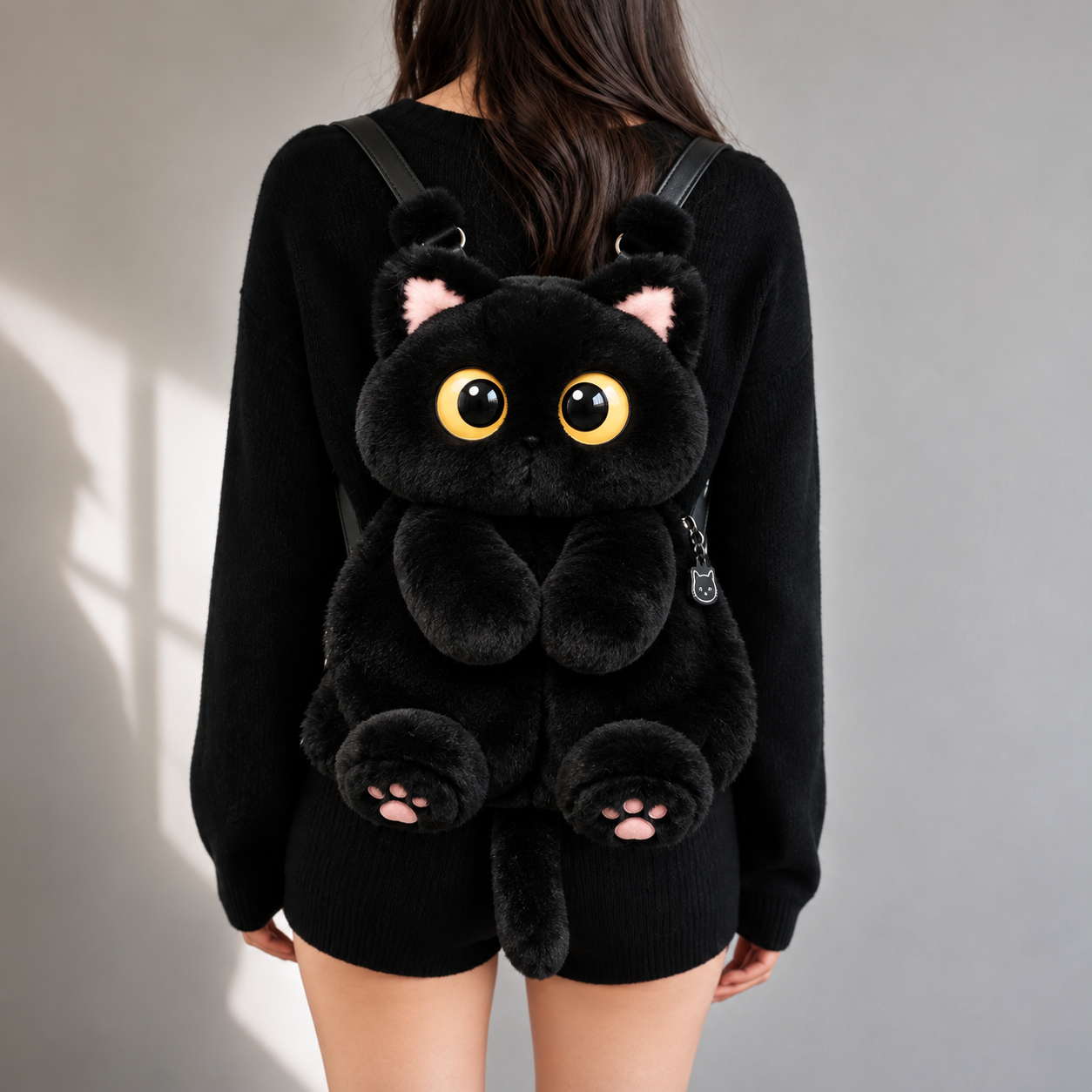 Black Cat Plush Backpack worn on the back